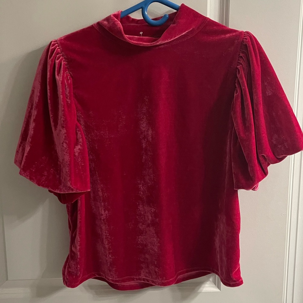 NEW Hot Pink velvet mock neck flouncy sleeve top free people L